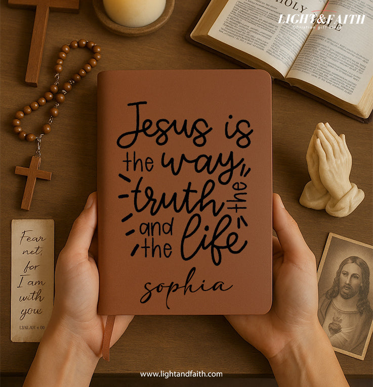 Personalized Christian Journal with Inspirational Quote “Jesus is the Way” – Custom Name Prayer Notebook, Religious Gift, First Communion Gifts, Pastor Gifts, Retirement, Birthday. NBLAF06